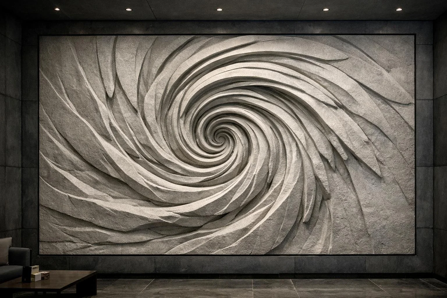 Monumental biomorphic wall sculpture with an abstract spiral form carved in stone. Architectural sculptural feature wall designed for high-end contemporary interiors. By Solaro Art Collection