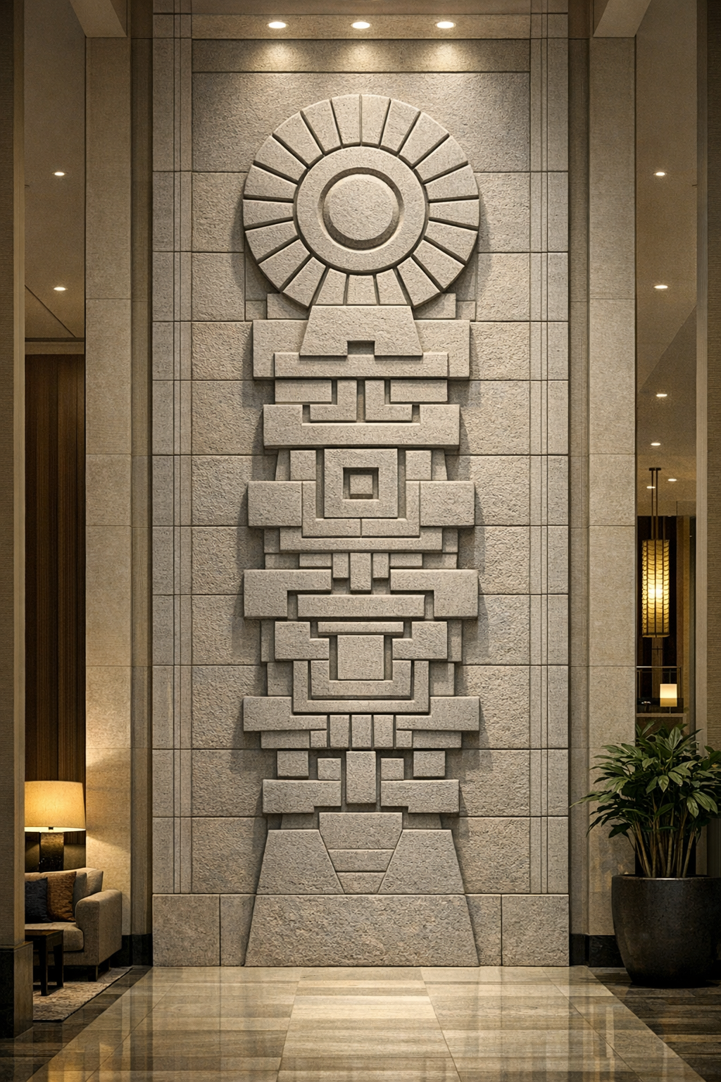 Inspired by Mayan culture wall sculpture, monumental size. Digital concept or physical artwork available. Solaro Art Collection.
