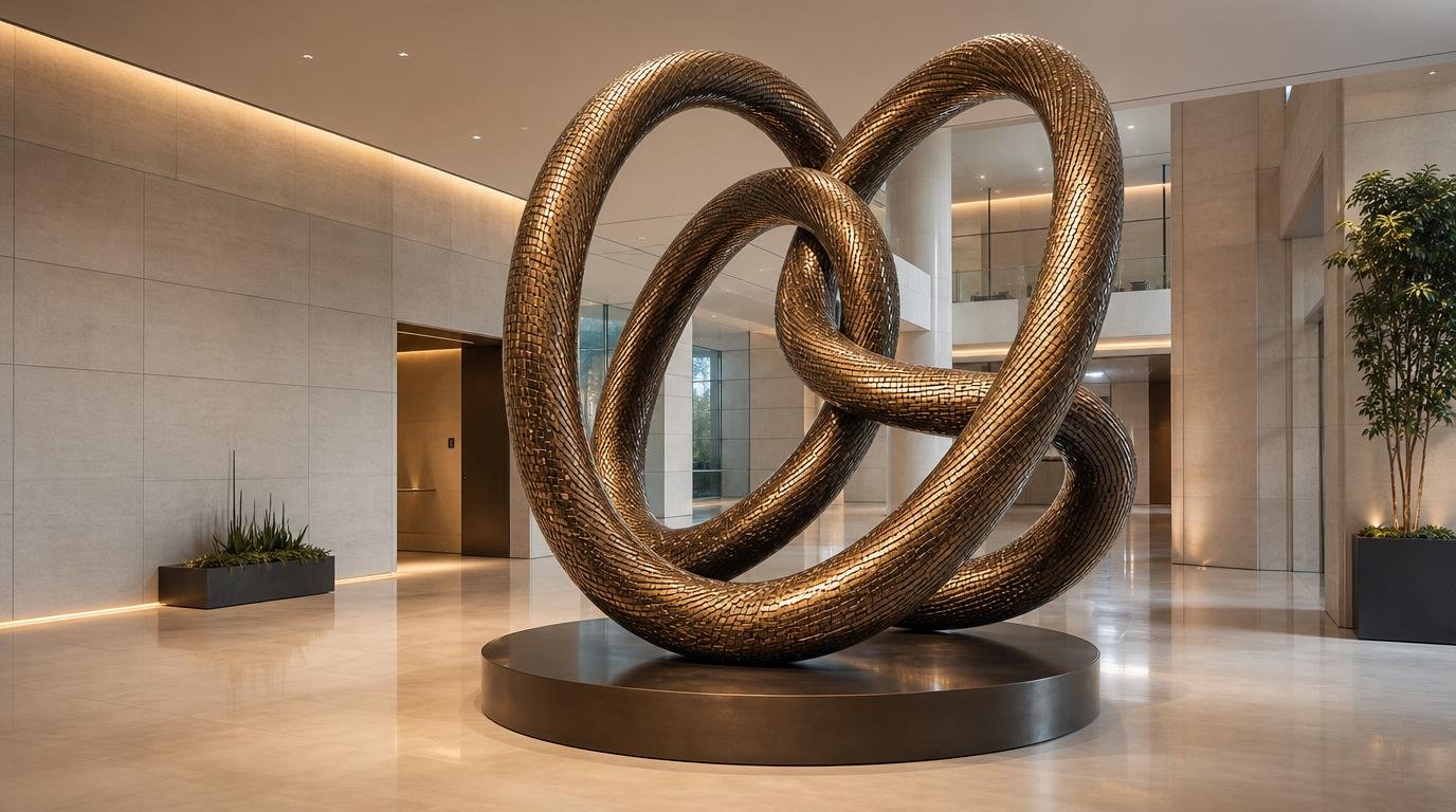 Monumental bronze infinity modern form sculpture for luxury corporate buildings