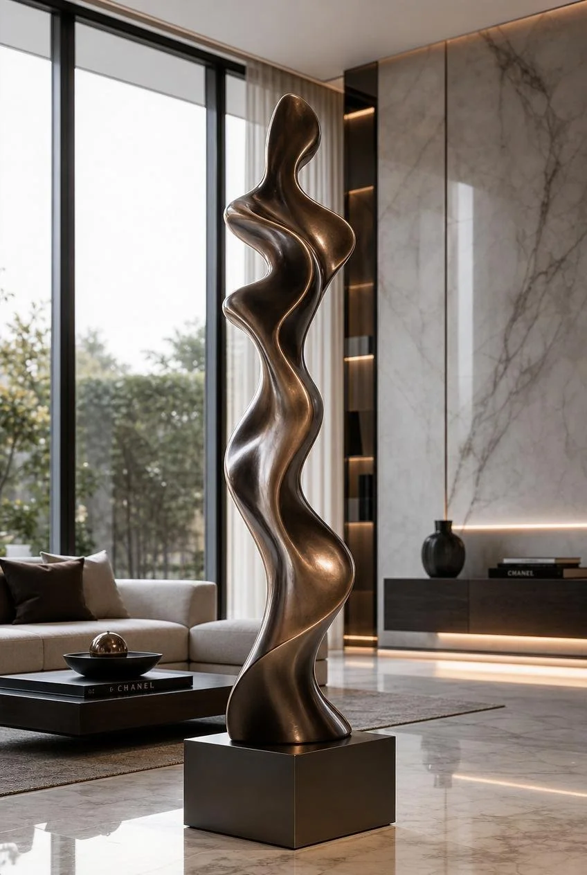 bronze sculpture with vertical fluid form