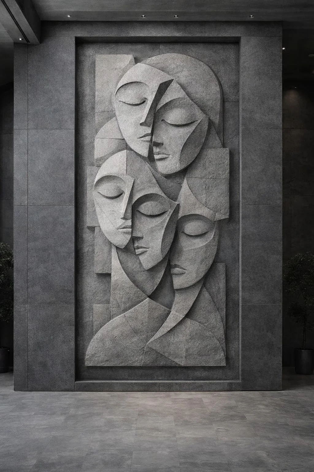 Monumental multi-face wall sculpture in grey sandstone. Cubist-abstract style. Digital concept with commercial license. Ideal for luxury hotel integration. Solaro Art Collection