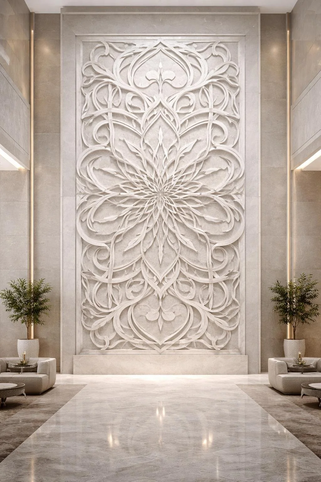 Magnificent-white-marble-wall-relief-arabesque-patterns-with-fluid-forms-surrounding-for-luxury-spaces-solaro-art-collection