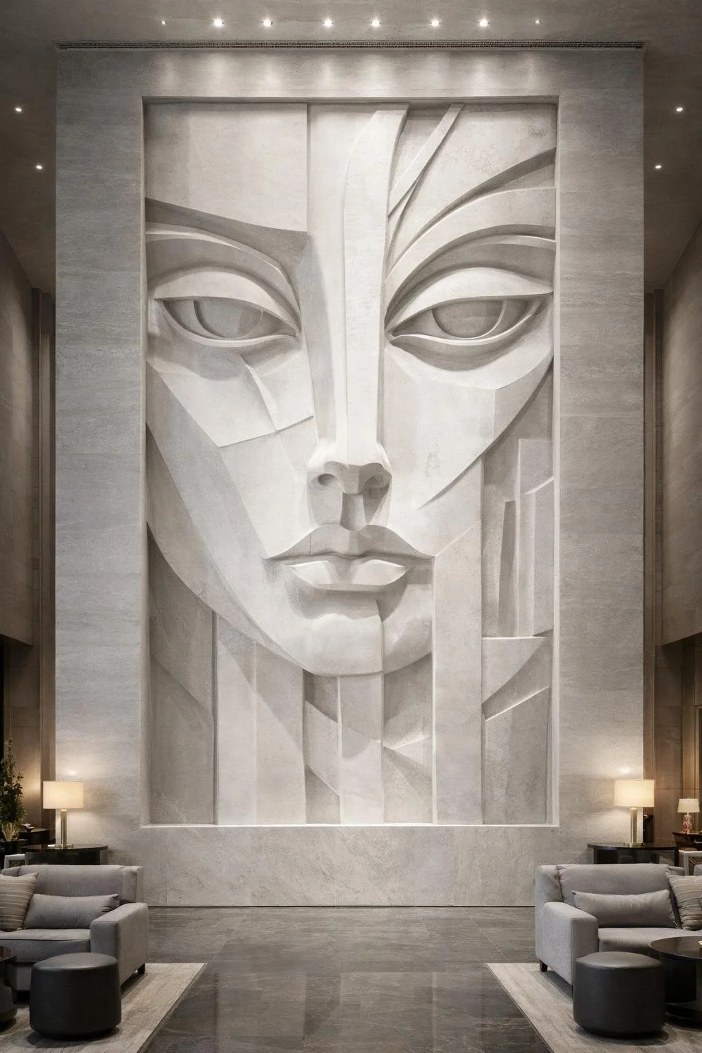 Digital concept design for sale. Colossal white marble wall sculpture design by Solaro Art Collection