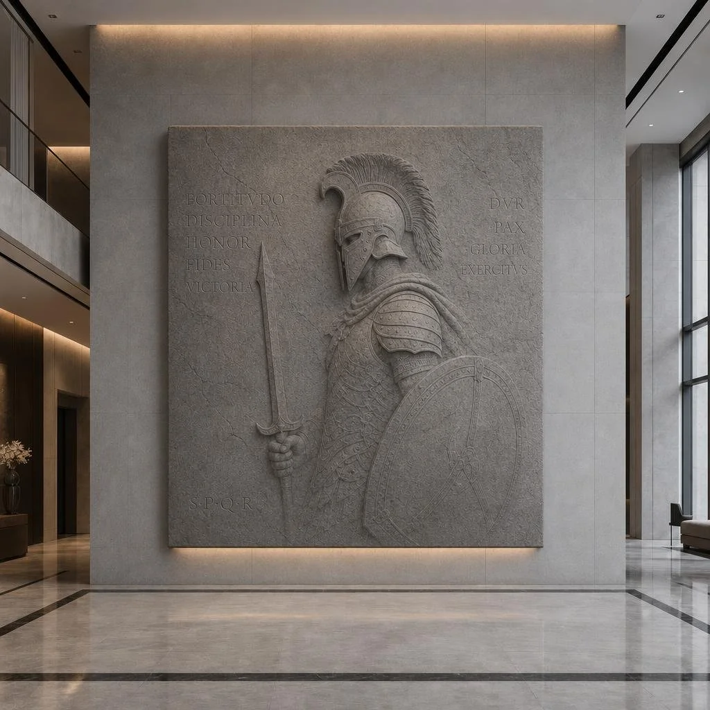Gigantic Square wall stone relief whit Roman Soldier Profile and Imperial Engravings - Solaro Art Collection