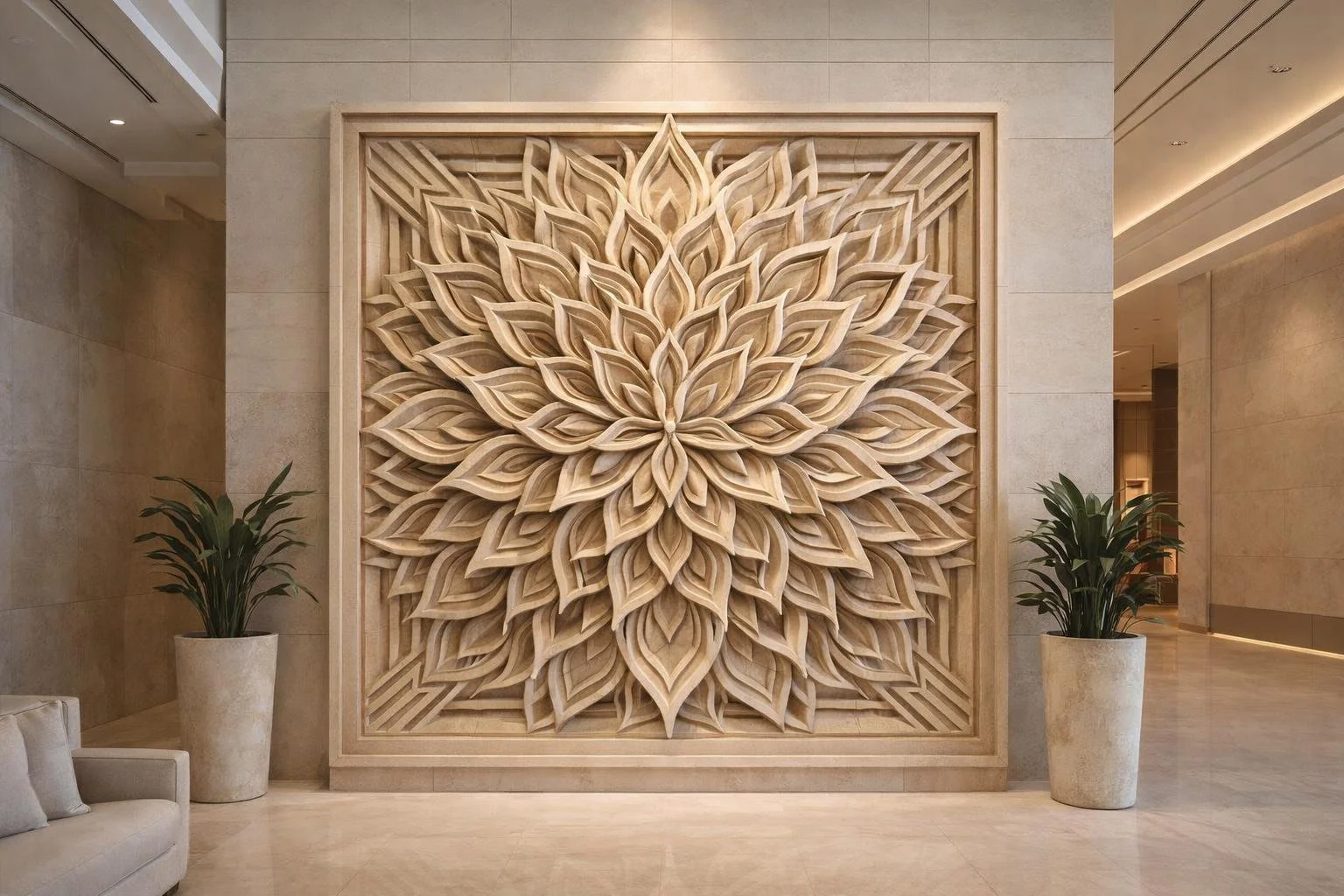 Large-scale mandala bas relief in yellow sandstone for luxury spas and interiors. Solaro Art Collection