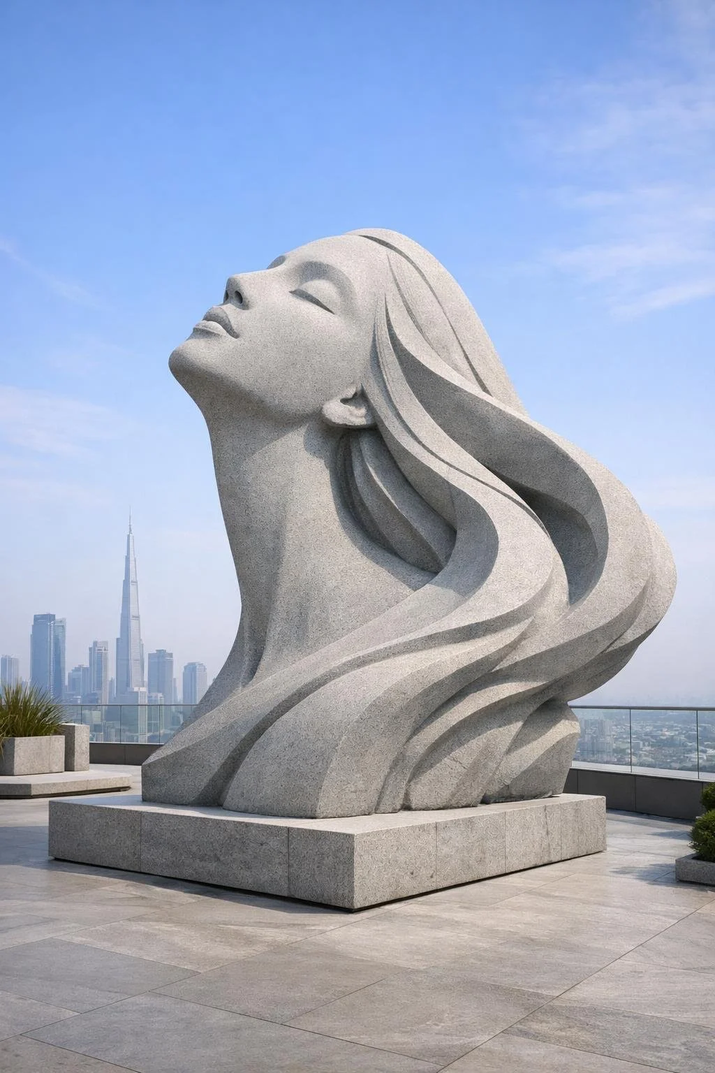 Large-scale modern statue, woman face to the sky, unique piece made to order. Solaro Art Collection.