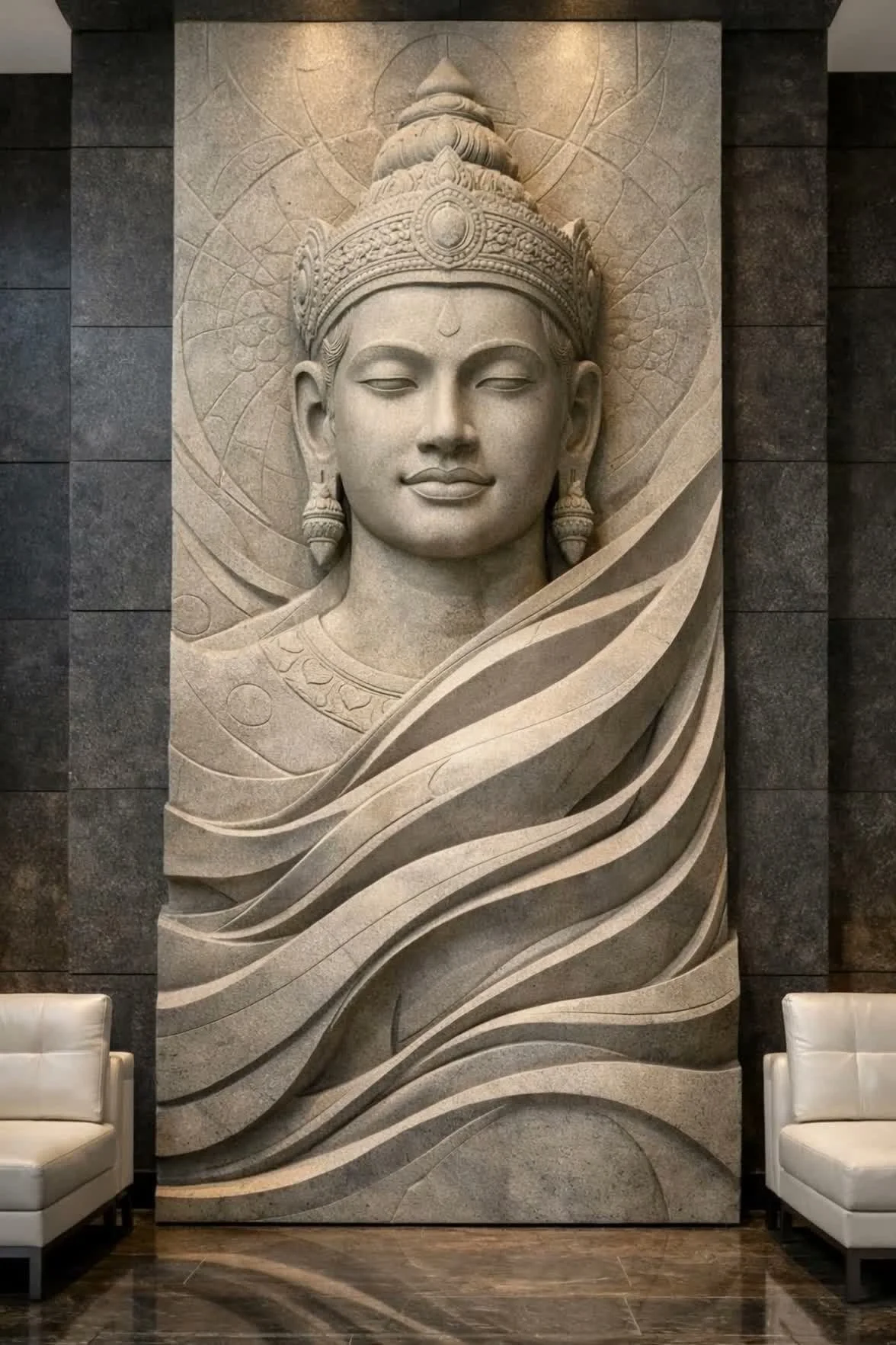 Custom large scale Asian (Cambodian) wall art vertical relief, this sculpture is ideal for lobby or other architectural incorporation. By Solaro Art Collection.