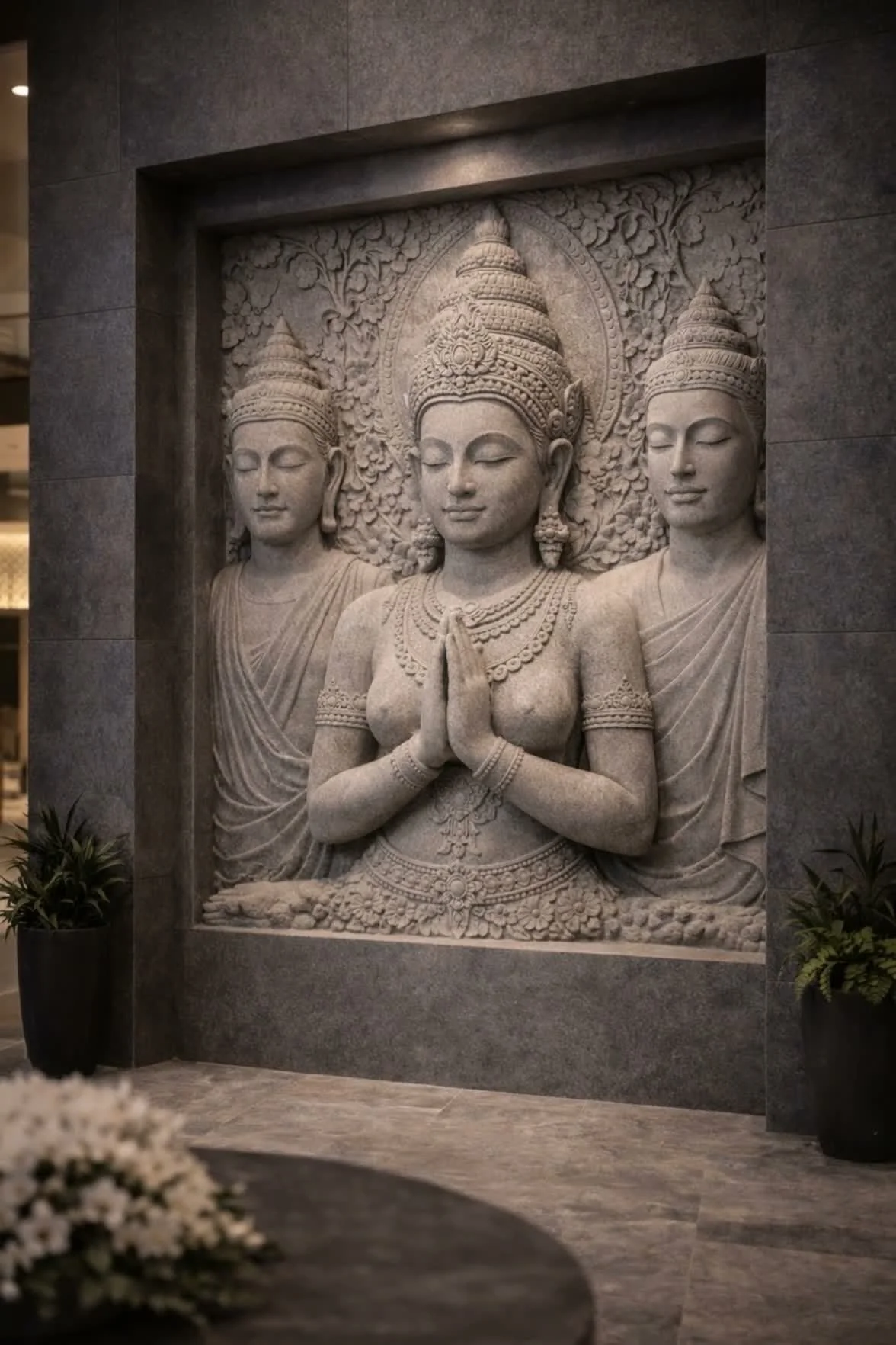 Cambodian inspired contemporary kulen sandstone wall relief. Unique piece. Solaro Art Collection