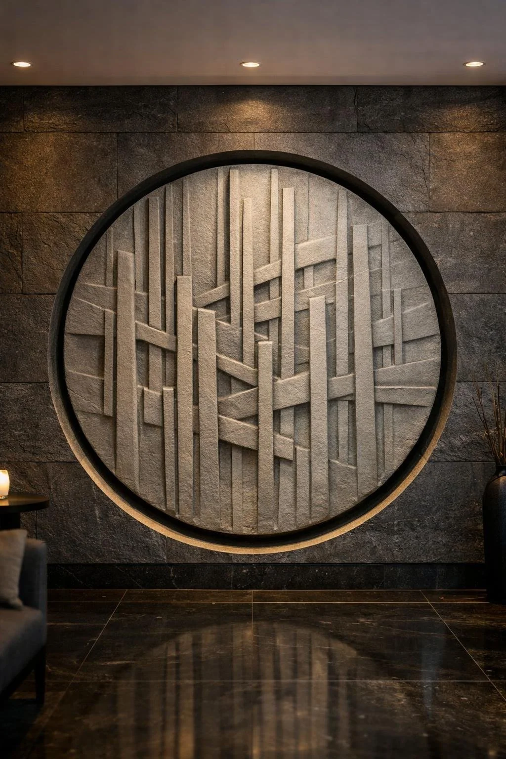 Circular wall sculpture, 2 meters in diameter, featuring an ultra-modern geometric composition in carved stone. Ideal for contemporary spa and wellness spaces, creating a refined, architectural sense of balance and calm.