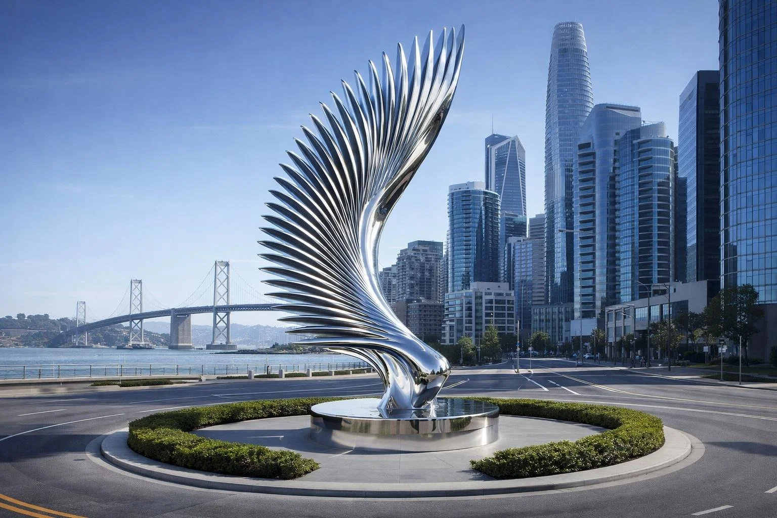 Monumental wing sculpture in polished stainless steel for urban landscapes made to order. Solaro Art Collection