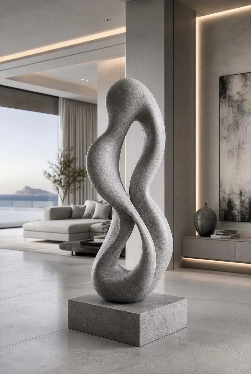 grey stone fluid organic form sculpture