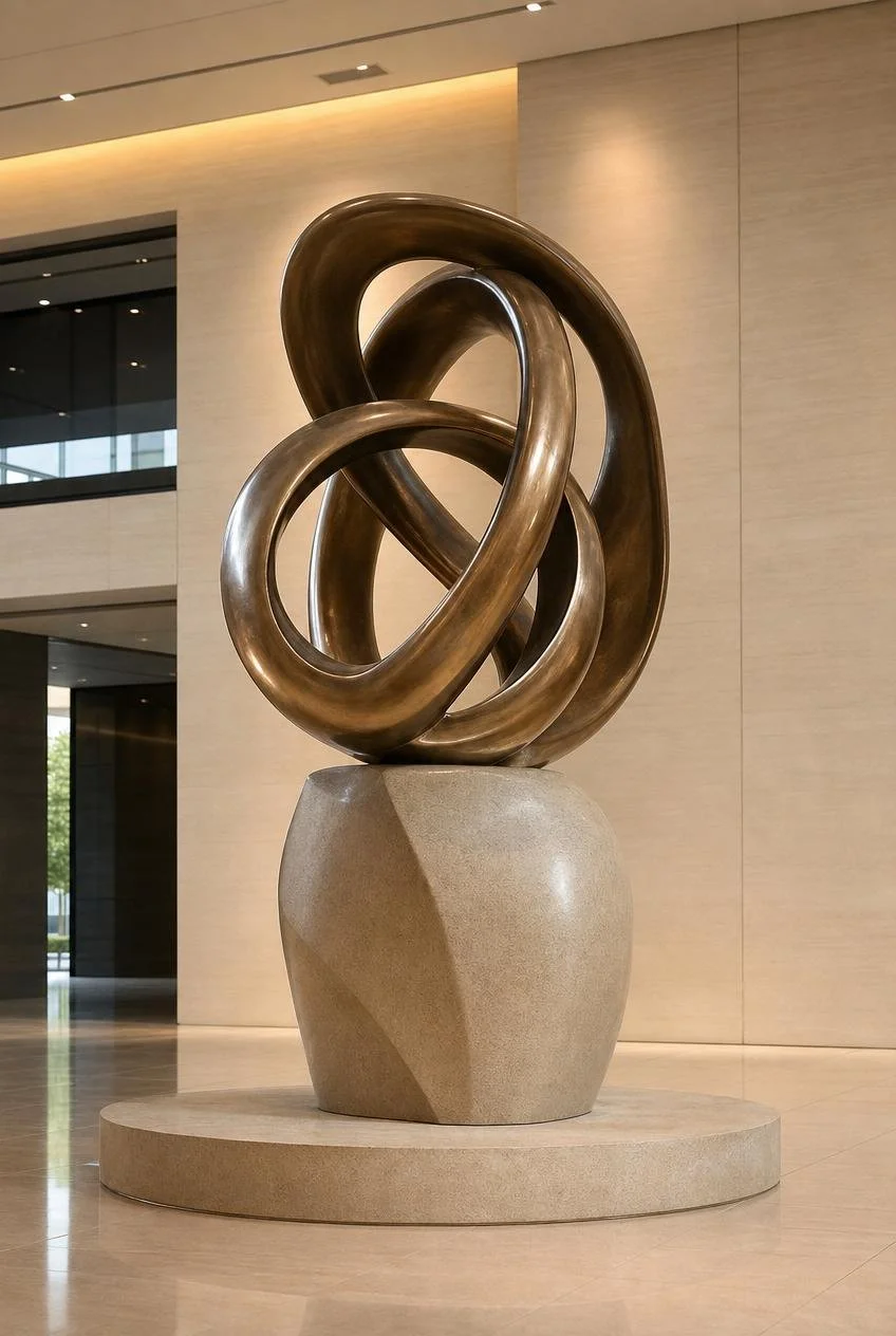 Large Abstract bronze sculpture with marble support inside a modern corporate headquarter