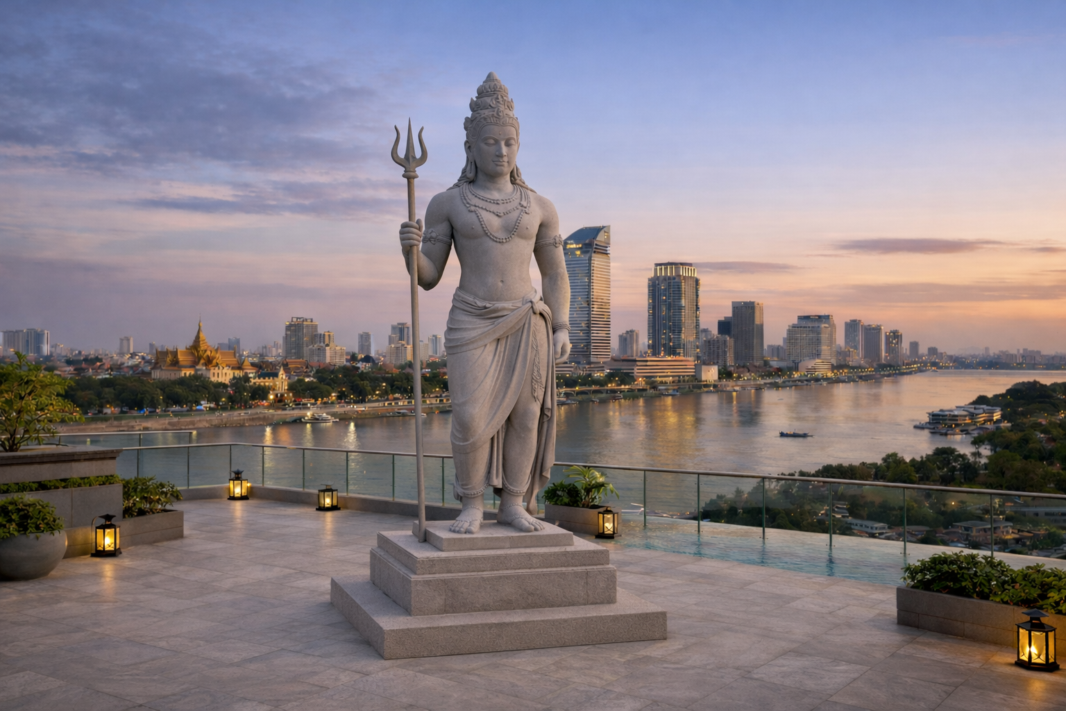 Monumental Statue of Lord Shiva holding a trident, standing on a terrace overlooking a river and city skyline at sunset in Bangkok. Solaro Art Collection.