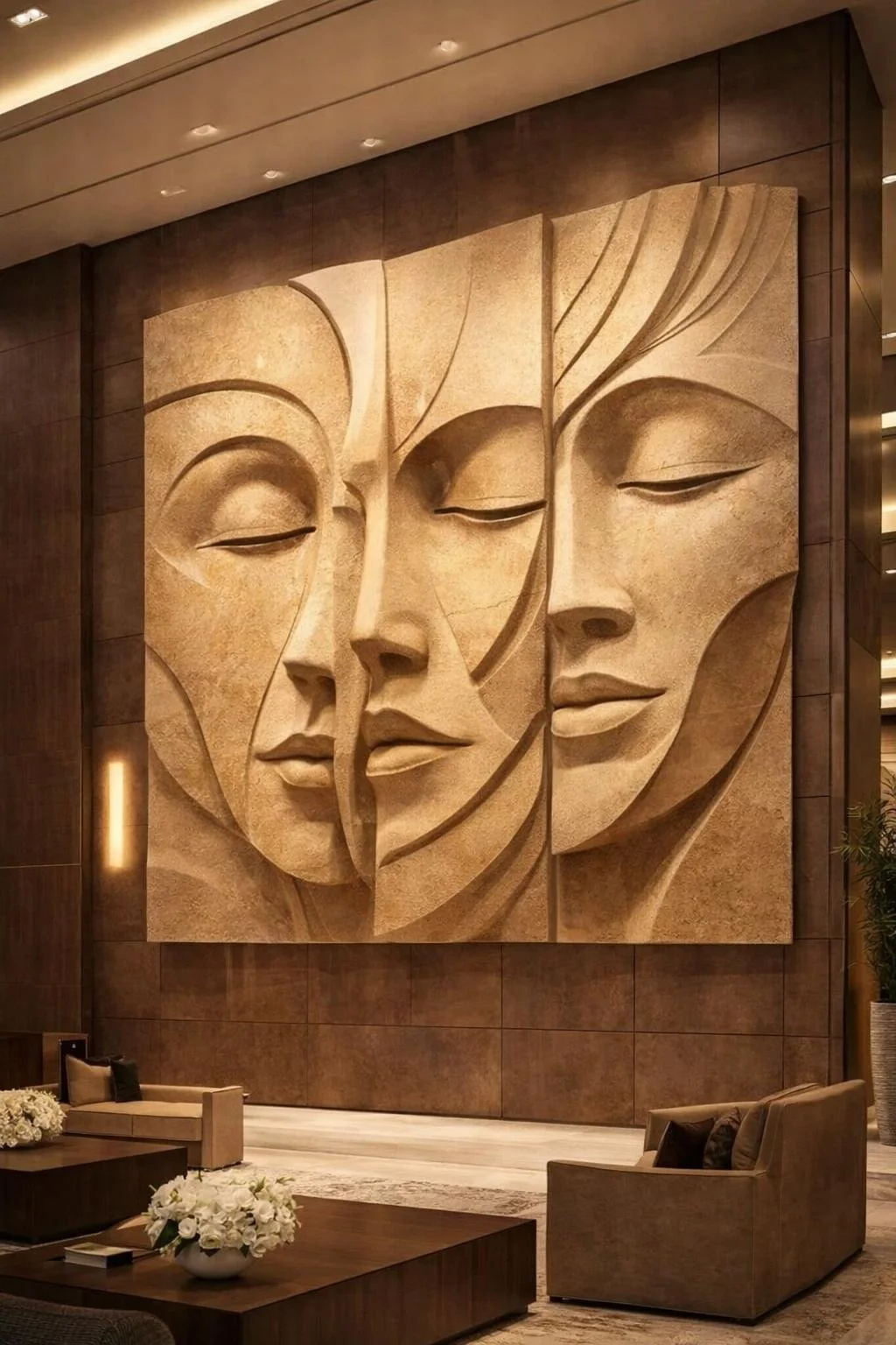 Unique Monumental stone-carved wall sculpture for modern luxury interrios or public spaces. Solaro Art Collection