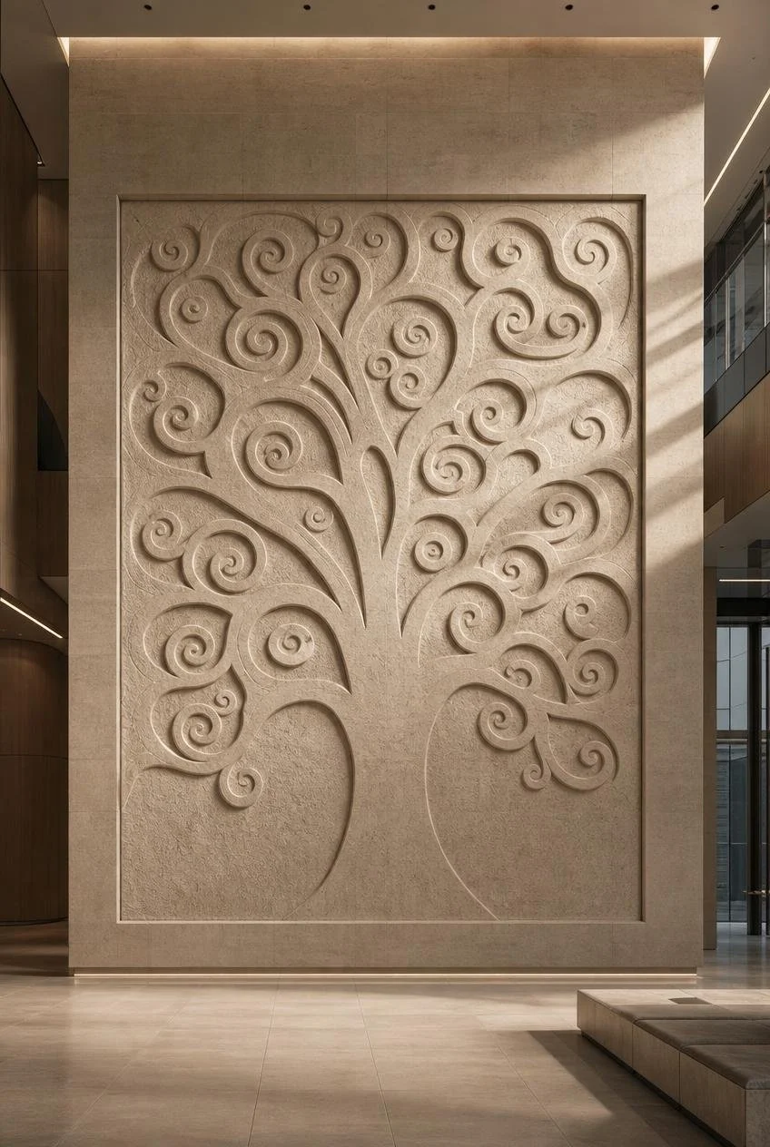 Geometric tree of life wall sculpture in luxury spa