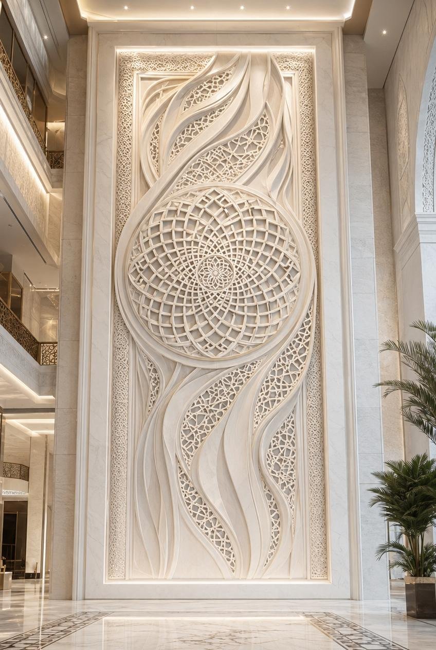 Large decorative wall sculpture in marble with intricate, flowing geometric patterns and latticework design in a luxurious, well-lit interior space.