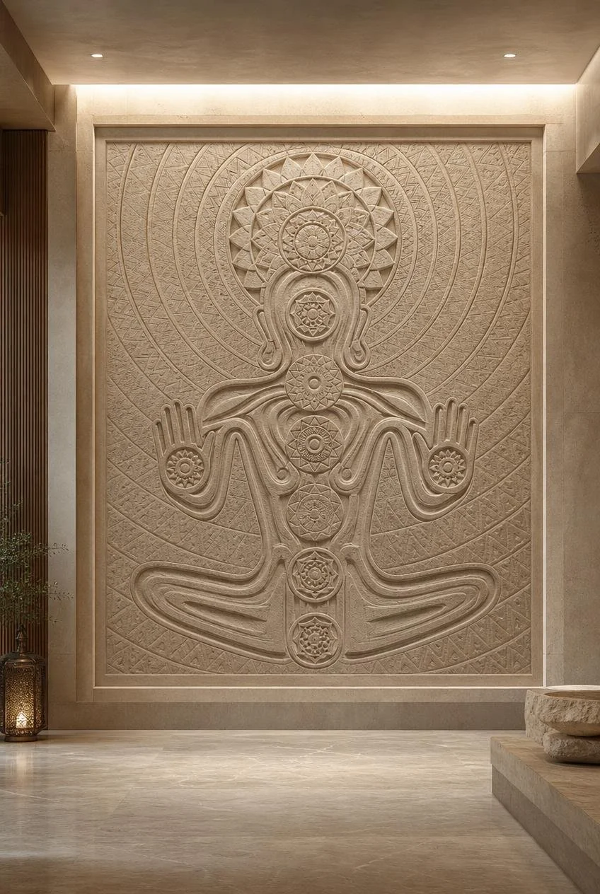Zen wall sculpture in sandstone for wellness center