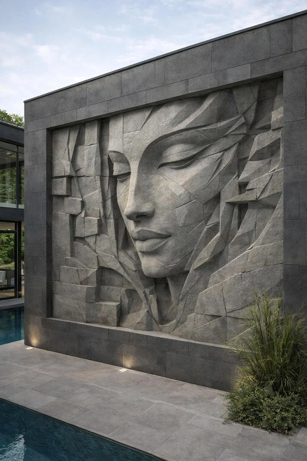 Monumental cubist face stone relief. Solaro Art Collection