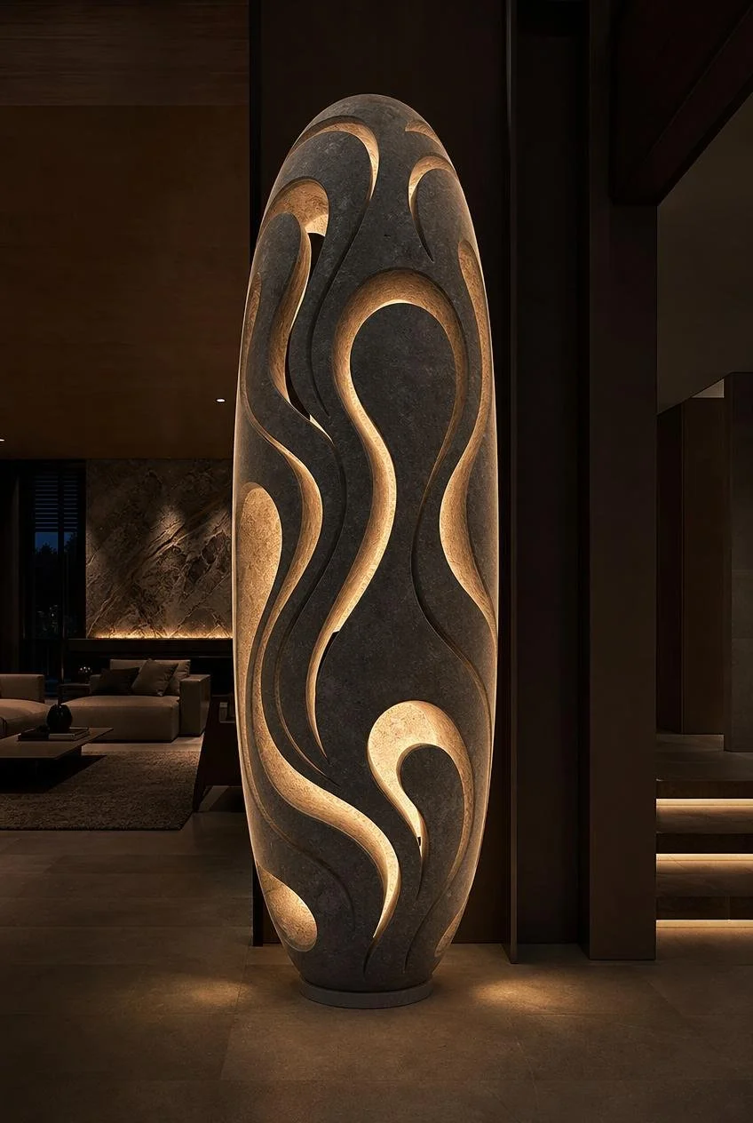 Large oval form light sculpture in stone with flowing abstract design