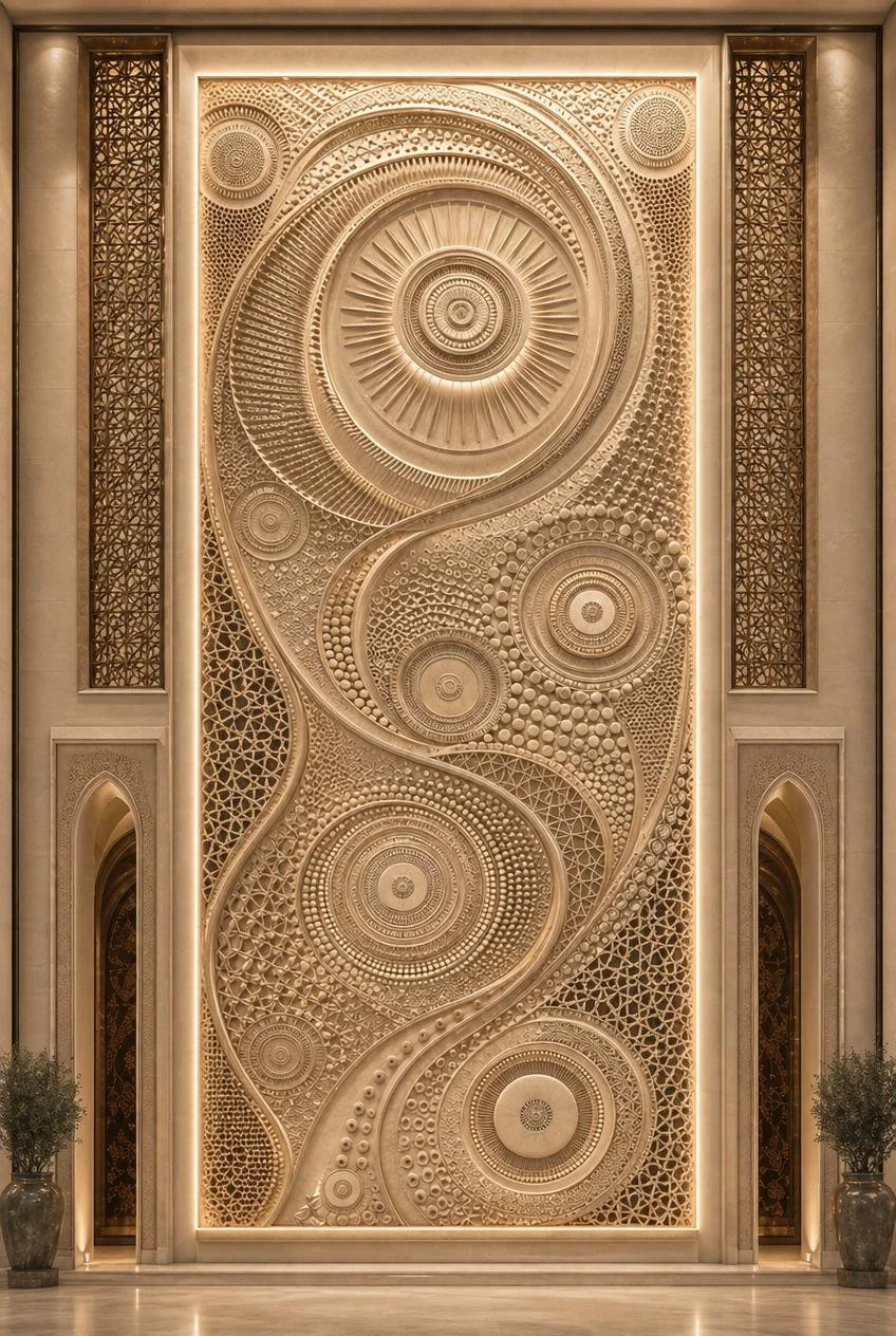 Monumental Islamic Geometric Wall Relief in natural sandstone for luxury hotels or public spaces. Solaro Art Collection