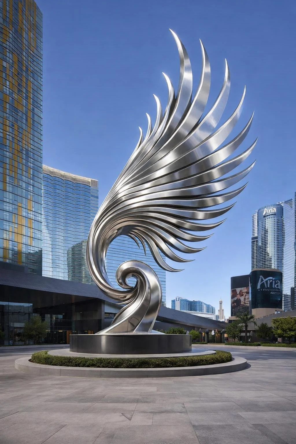 Bespoke monumental wing sculpture in brushed steel for large-scale architectural integration and urban projects. Solaro Art Collection