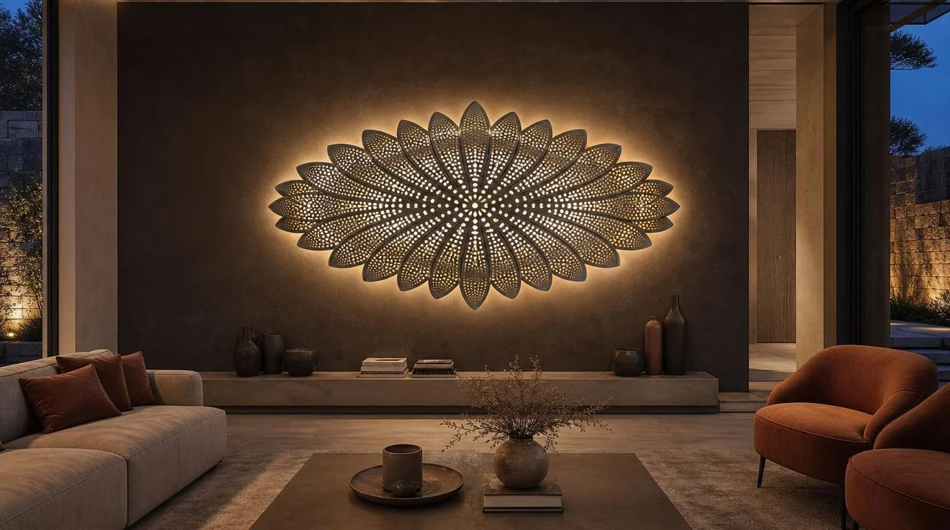 brushed metal wall lamp sculpture in horizontal oval form