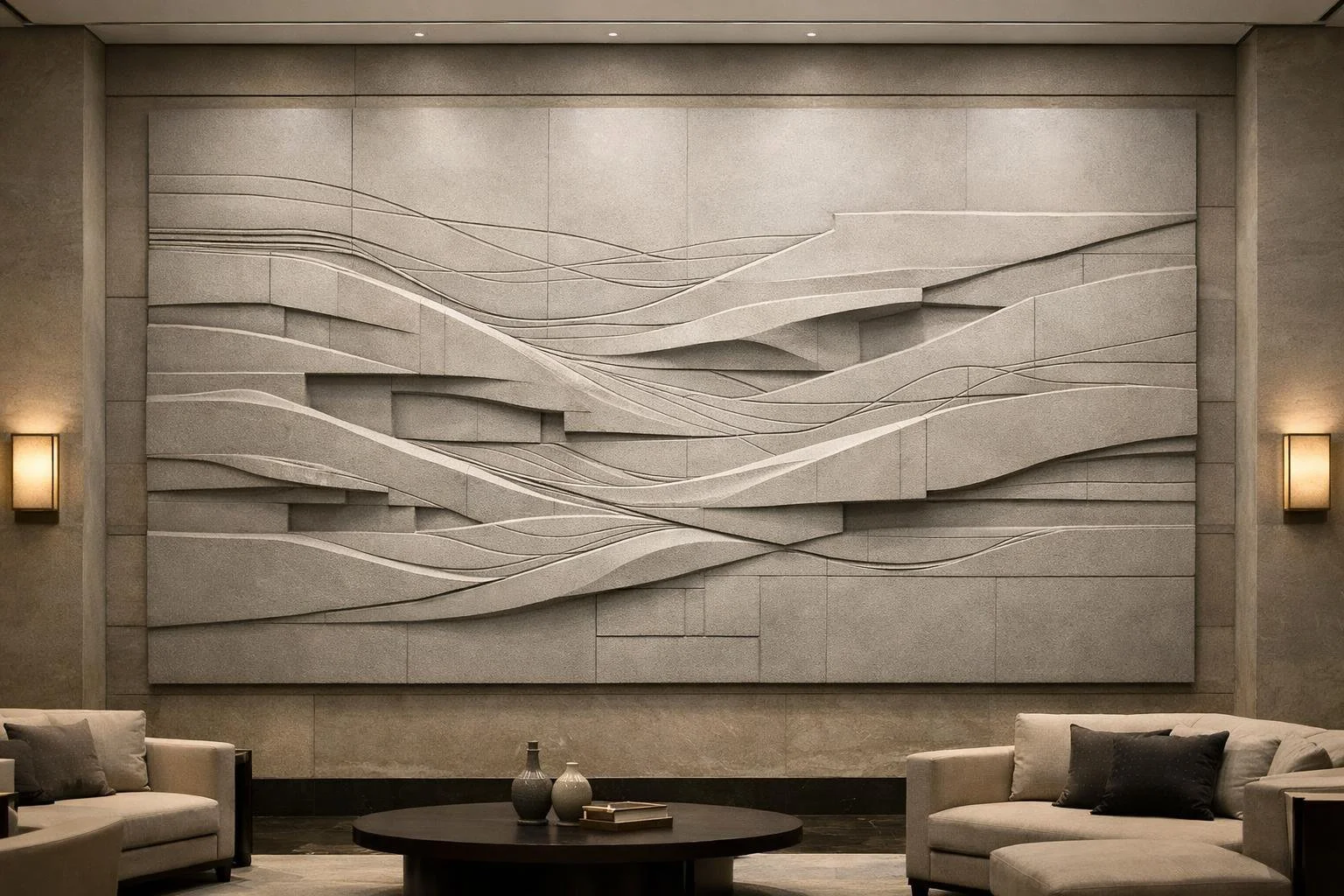Decorative wall with a textured abstract design in neutral tones, located in a modern lounge area .