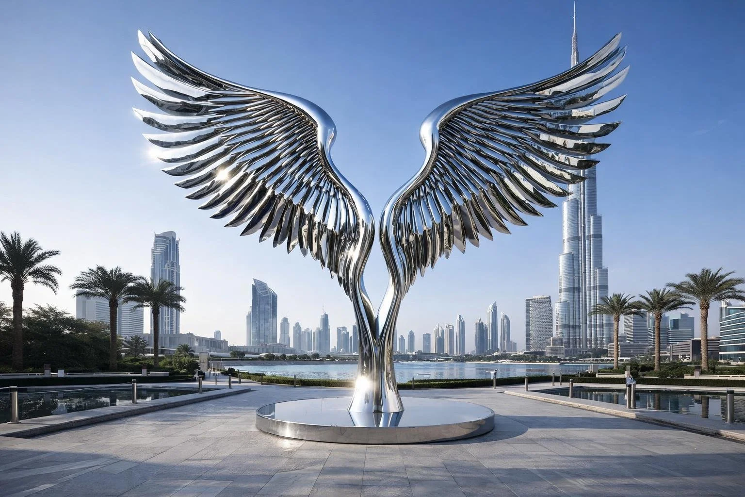 Large-scale Urban Wing Sculpture in Polished Stainless Steel. Unique Piece made to order. Solaro Art Collection