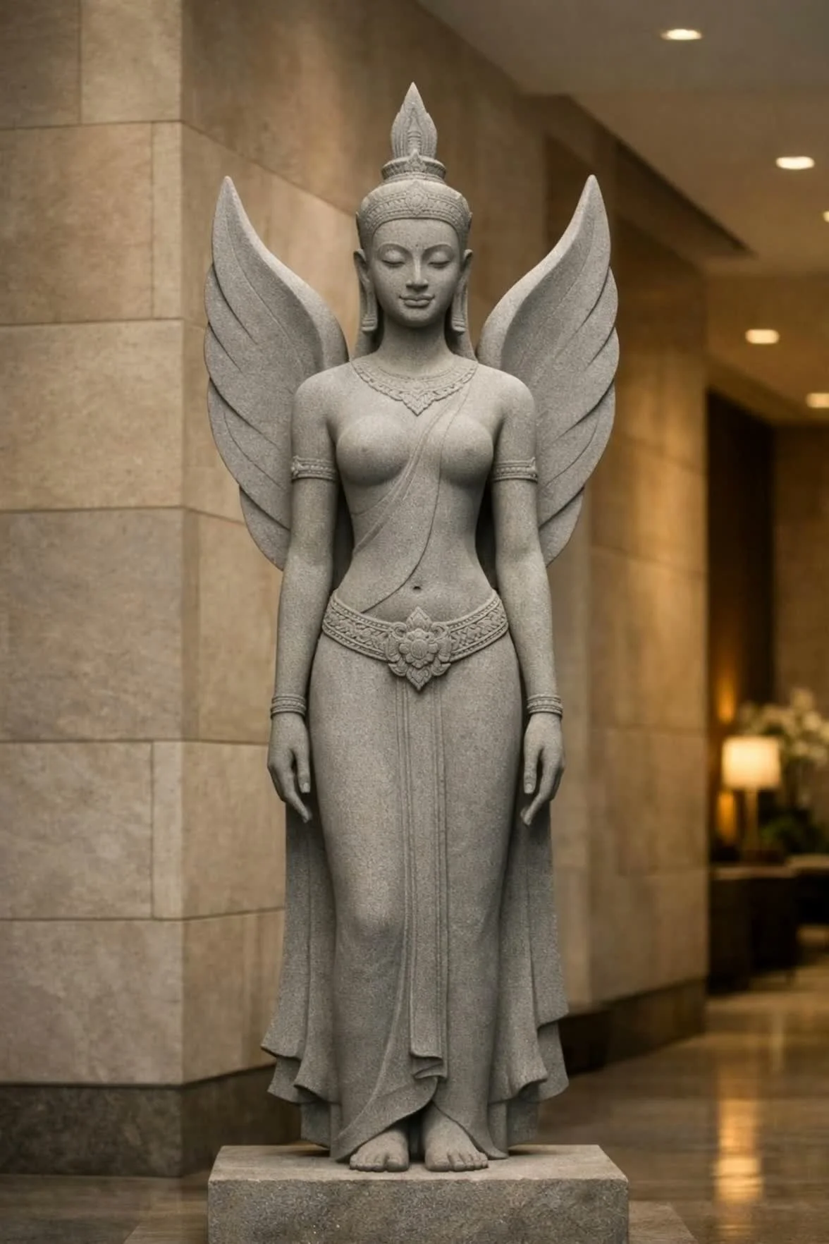 Custom monumental Khmer (Cambodian) Apsara angel statue, serene large-scale stone sculpture with a spiritual, celestial presence. Ideal for luxury hotel lobby or other architectural integrations. By Solaro Art Collection.