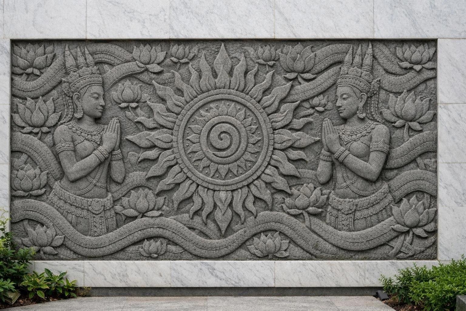Khmer Relief sculpture of two women in traditional attire with prayer hands, surrounded by lotus flowers, serpents, and a central circular pattern, carved into stone.