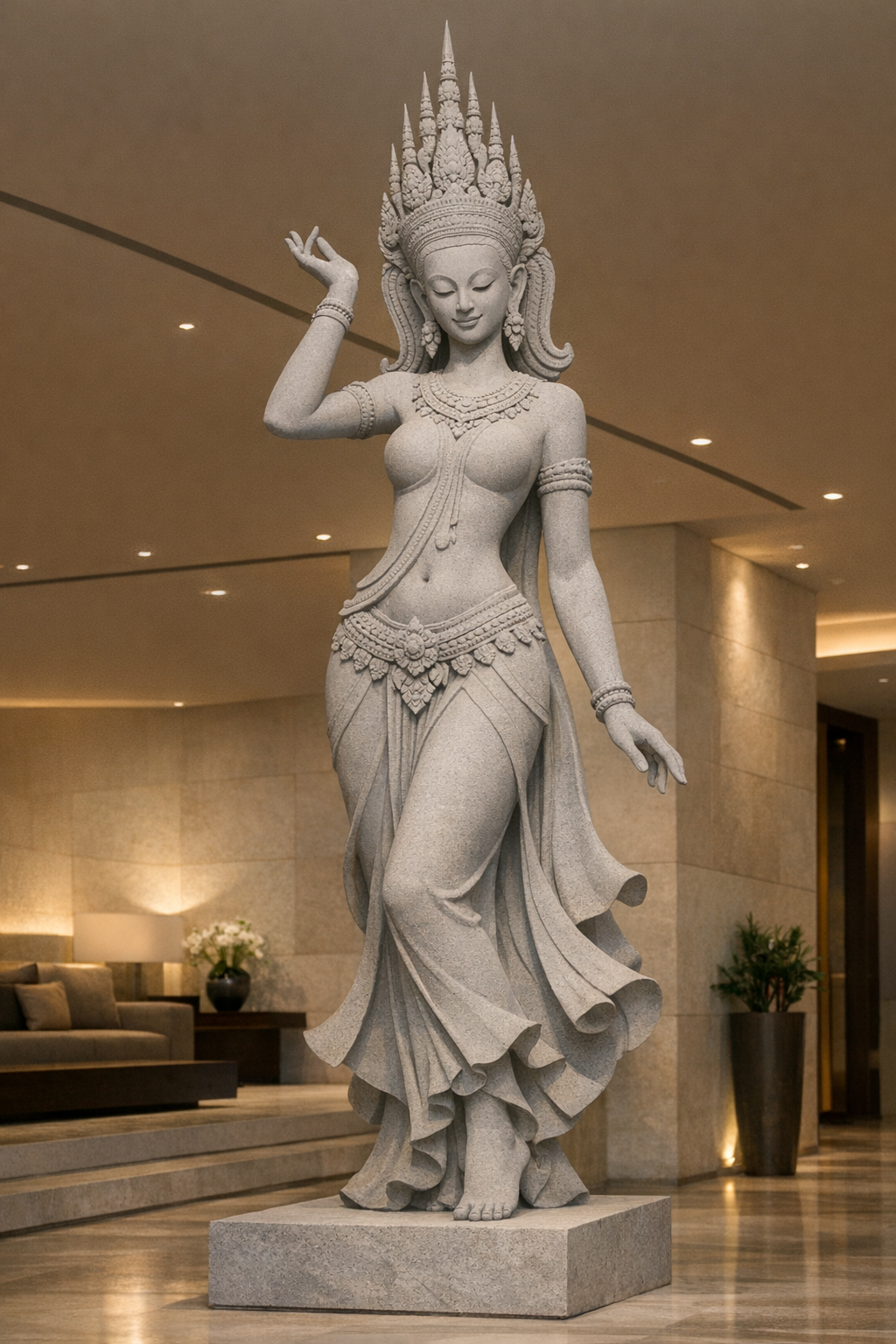 A large detailed gray marble statue of a graceful woman in traditional Southeast Asian attire, standing indoors with a modern, well-lit background. Unique piece made to order by solaro art collection.
