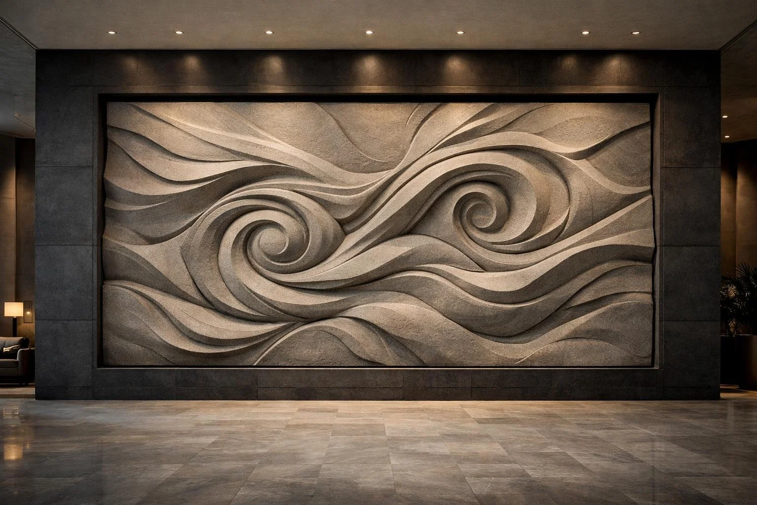 Custom large-scale stone carved relief sculpture, modern organic style. Solaro Art Collection