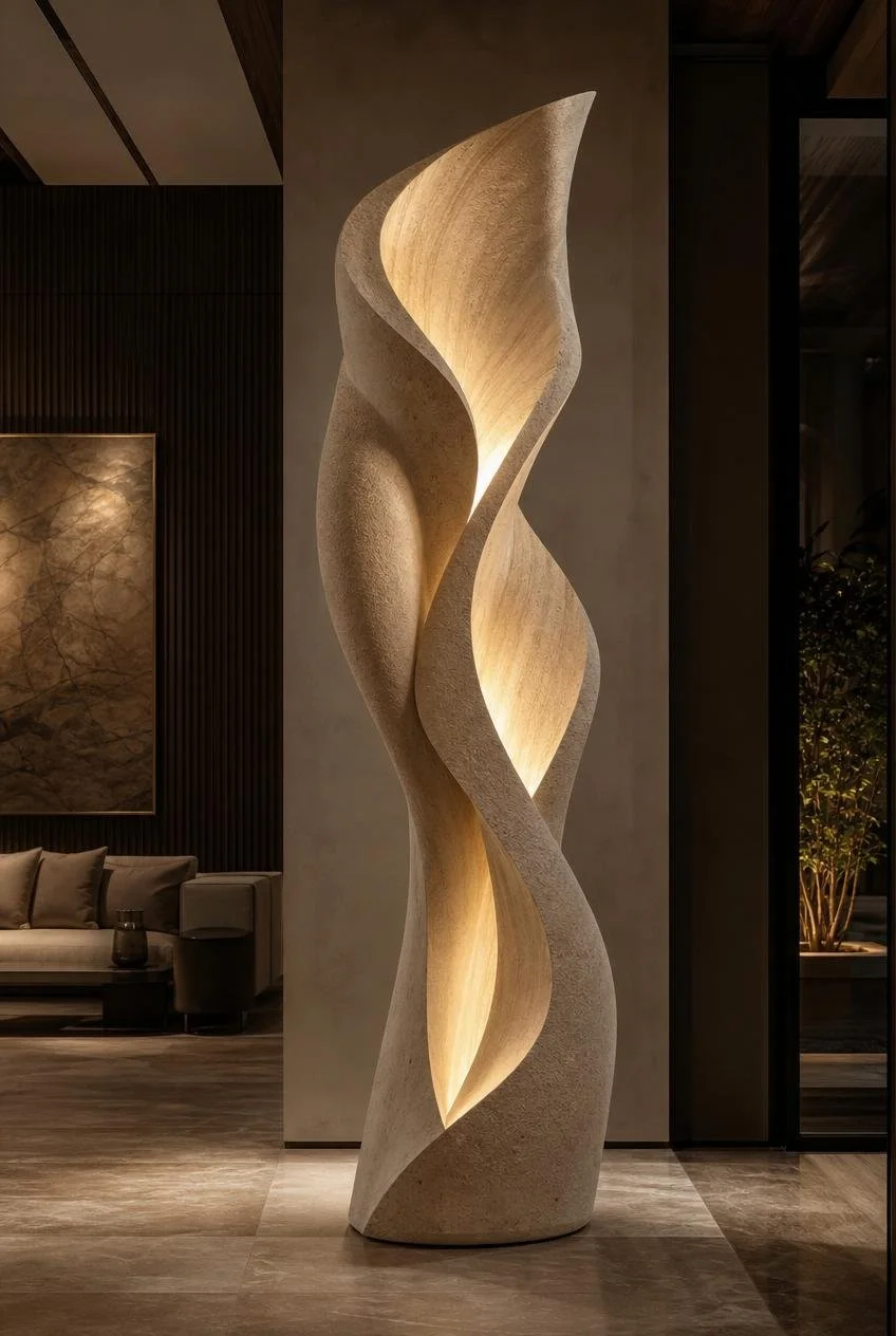 Contemporary handcarved lam sculpture with twisted abstract form
