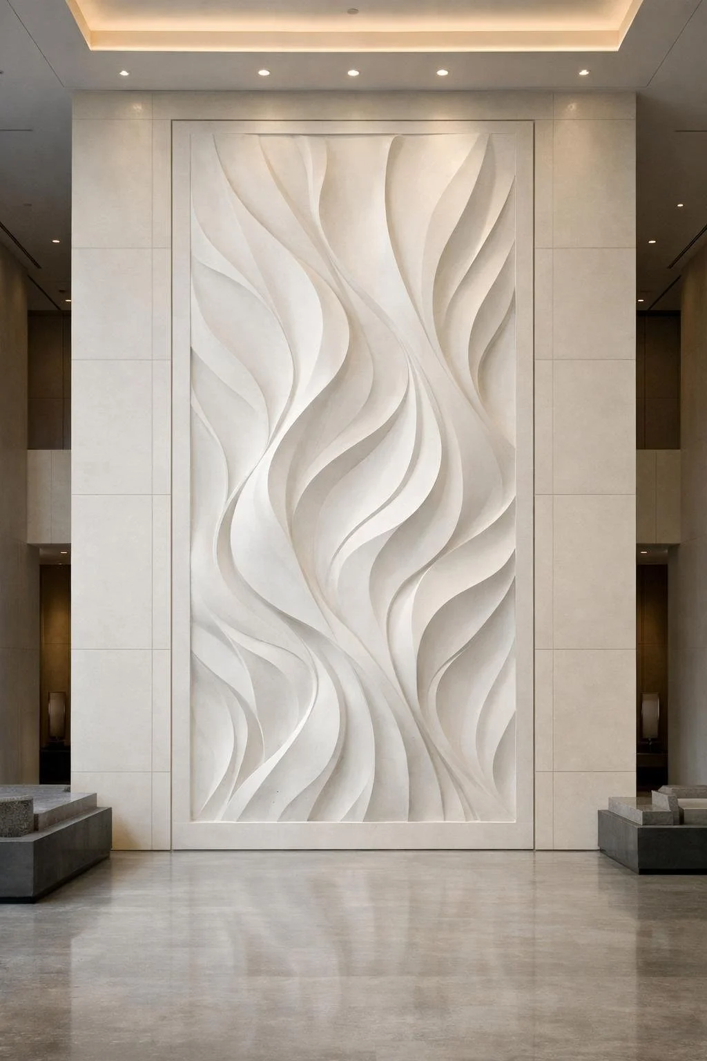 Custom large vertical organic wall bas relief in white marble. Solaro Art Collection
