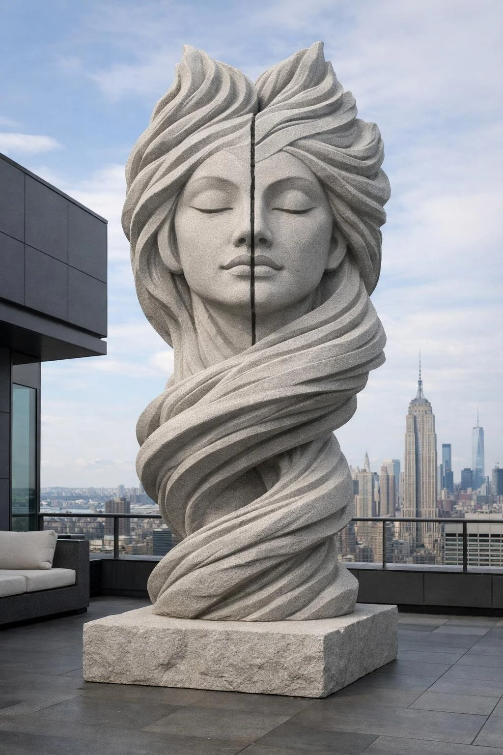 Ultra modern architectural statue, abstract woman in stone or other materials. Made to order. Solaro Art Collection.