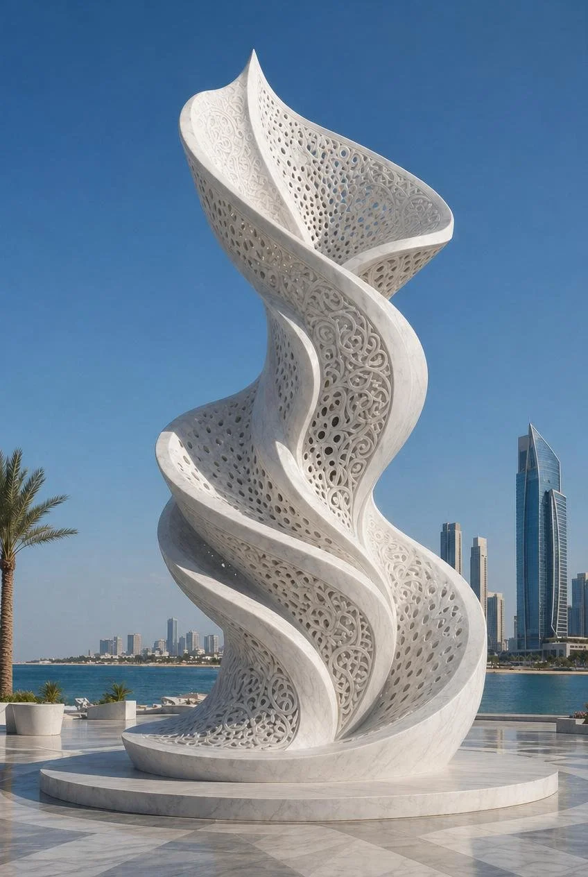 Modern white sculpture with swirling, perforated design, set outdoors with a city skyline and water in the background.