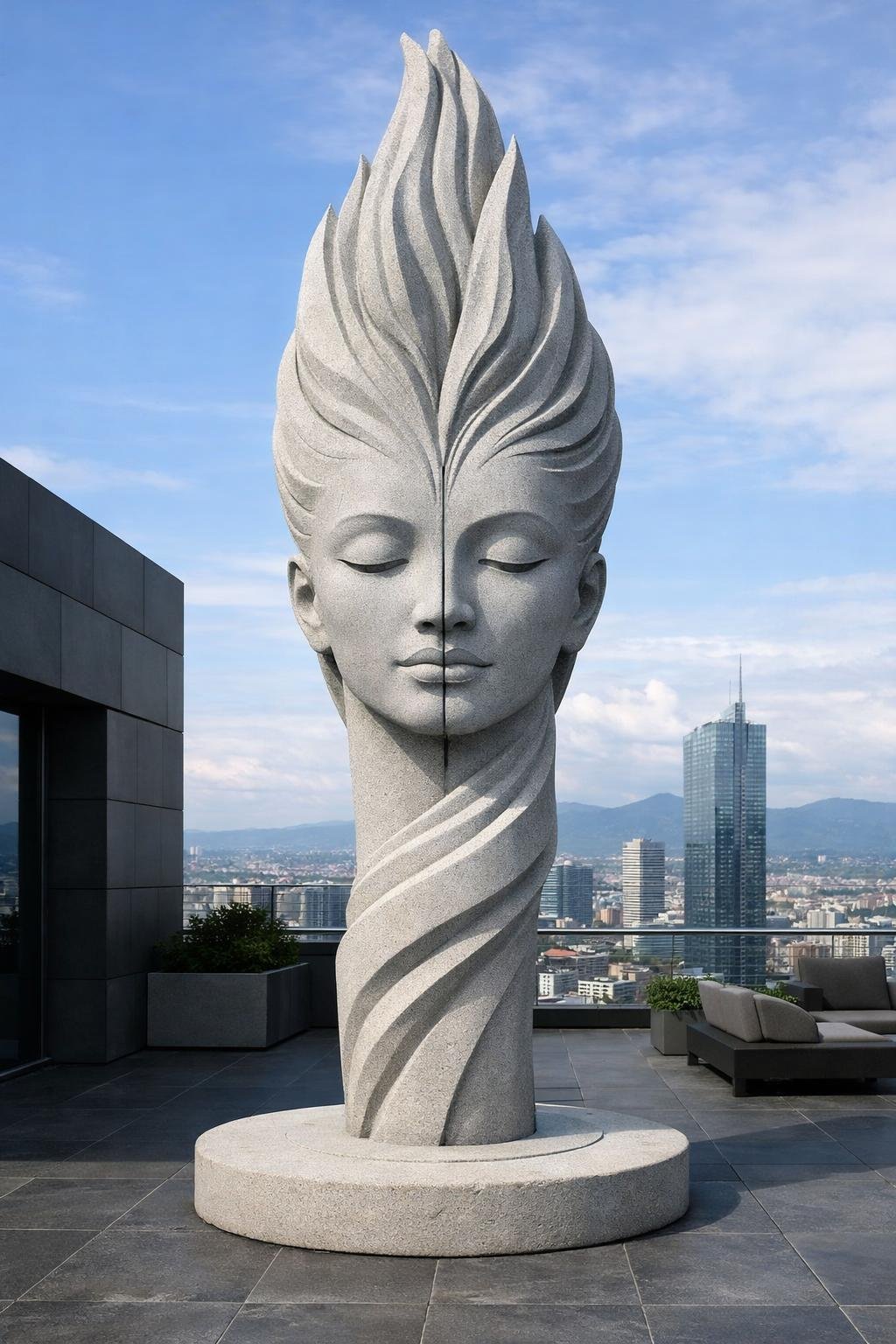 A large ultra-modern stone sculpture of a woman's face with closed eyes and stylized hair that spirals upward, situated on a rooftop with a cityscape background.