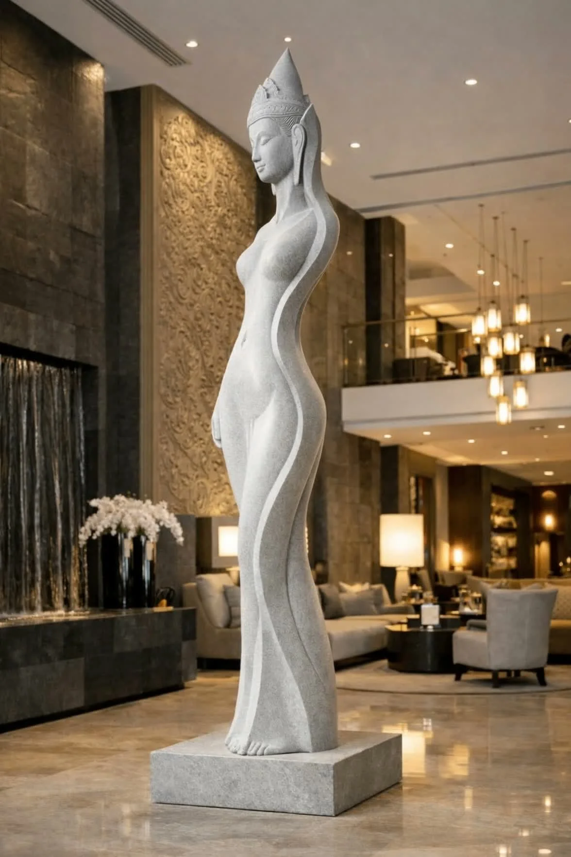 A tall, slender stone sculpture of a woman with a headdress, standing inside a modern, elegantly furnished lobby with warm lighting, floral arrangements, and seating areas. Made to roder only for you. Solaro Art Collection.