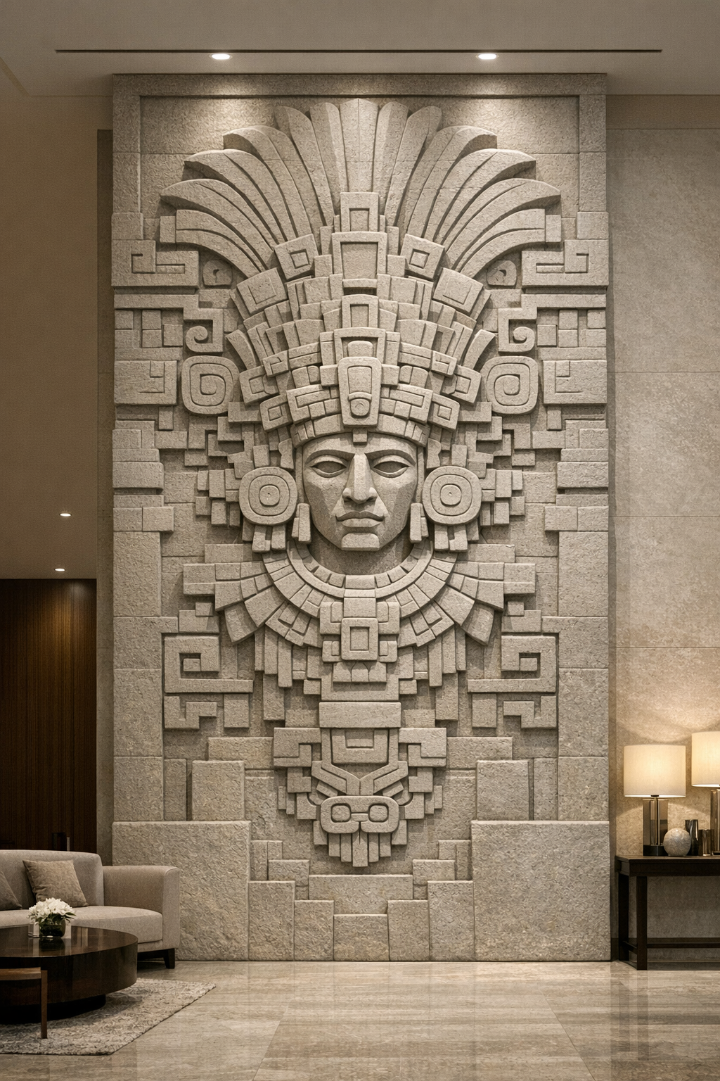 Stone wall sculpture of an Aztec-style face with a headdress and geometric patterns.