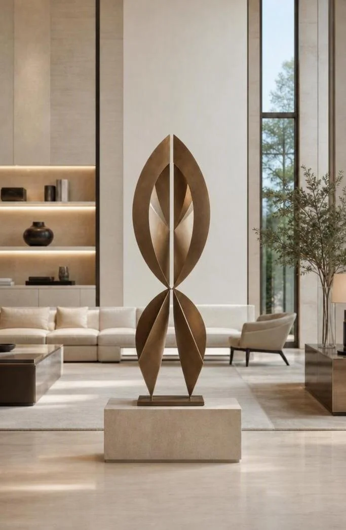 vertical symmetrical bronze sculpture in luxury residence