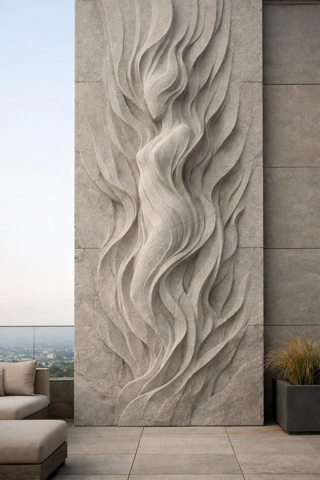 Contemporary Vertical wall sculpture, four meters high, featuring a fully abstract feminine silhouette. Surrounded by rising flame-like forms, the composition expresses upward movement, energy, and serene power. By Solaro Art Collection.