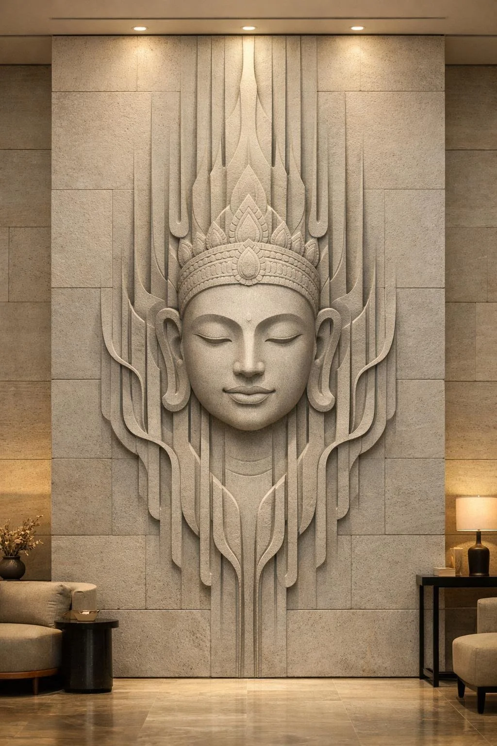 Architectural vertical wall sculpture, inspired by mayan culture. Ideal for luxury hotel. By solaro art collection.