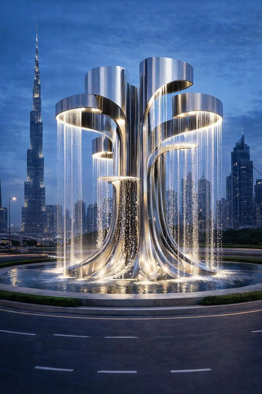 Futuristic and monumental public fountain sculpture made to order. Solaro Art Collection