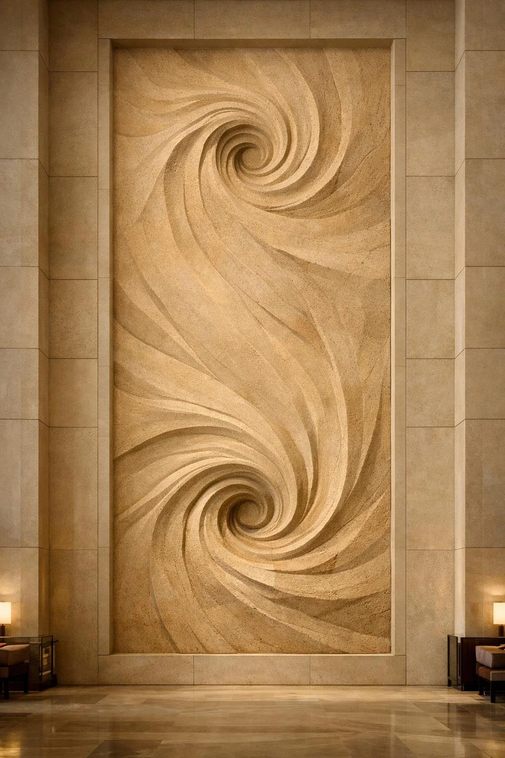 Custom large-scale sandstone wall relief sculpture for luxury interiors. Solaro Art Collection