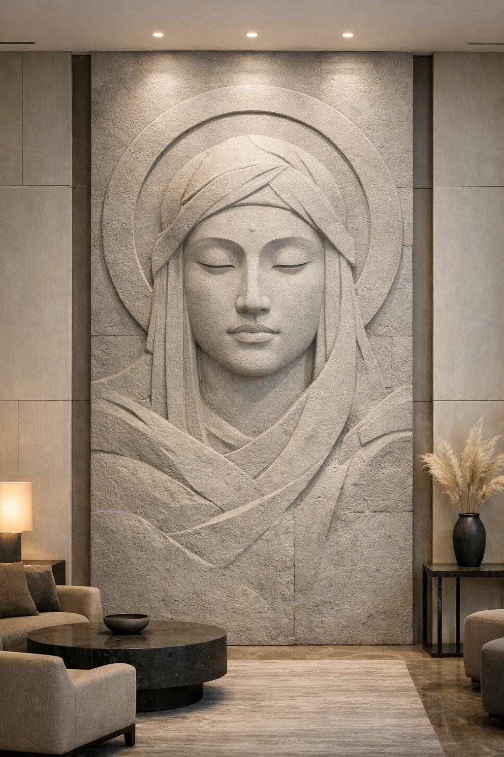 Custom monumental vertical Asian contemporary wall art, feminine figures, this wall sculpture is ideal for lobby or other architectural incorporation. By Solaro Art Collection.