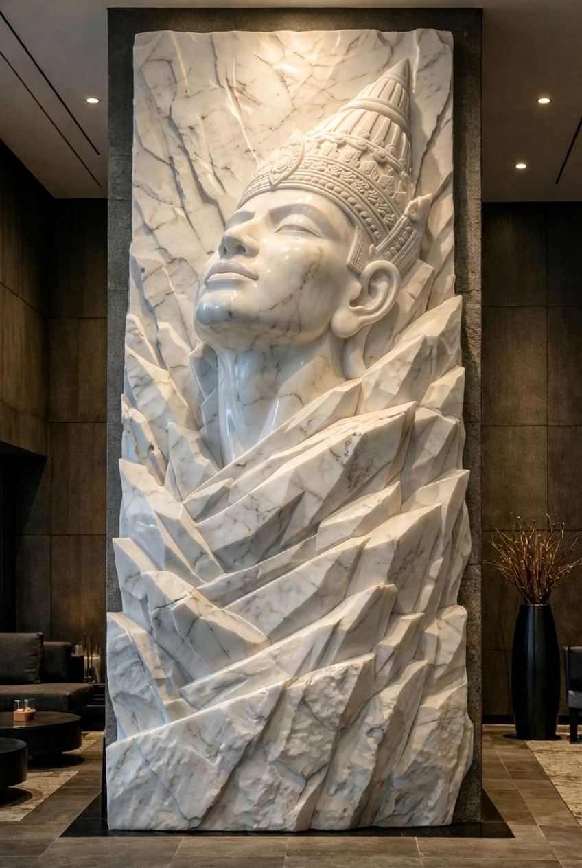 Custom monumental wall sculpture in white marble. Solaro Art Collection