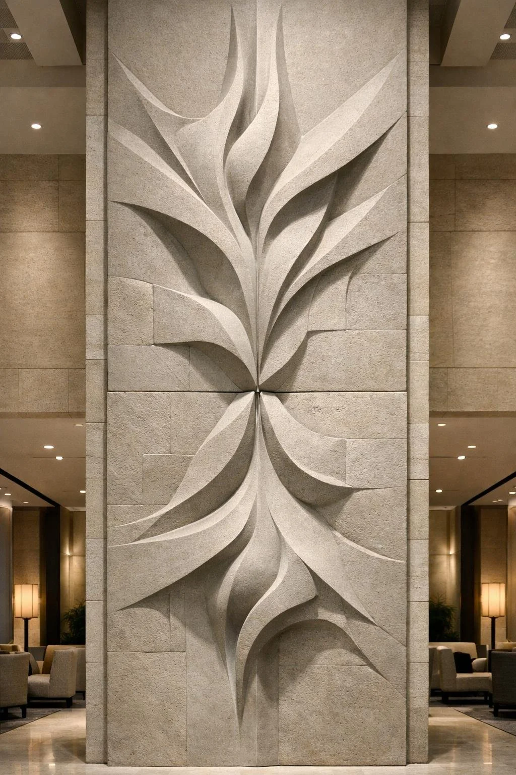 Vertical abstract wall sculpture with a mirrored, symmetrical composition flowing from top to bottom. Carved in stone for a lobby setting, this modern mural brings balance, movement, and a refined architectural presence. By Solaro Art Collection