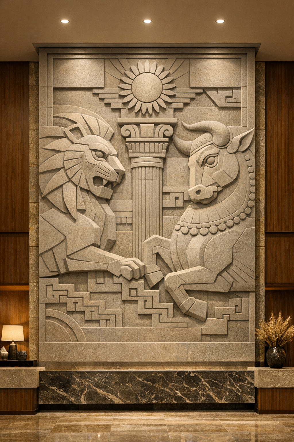 A large stone relief sculpture of a lion and a bull facing each other, with a column, sun, and geometric patterns in the background, mounted on an interior wall.