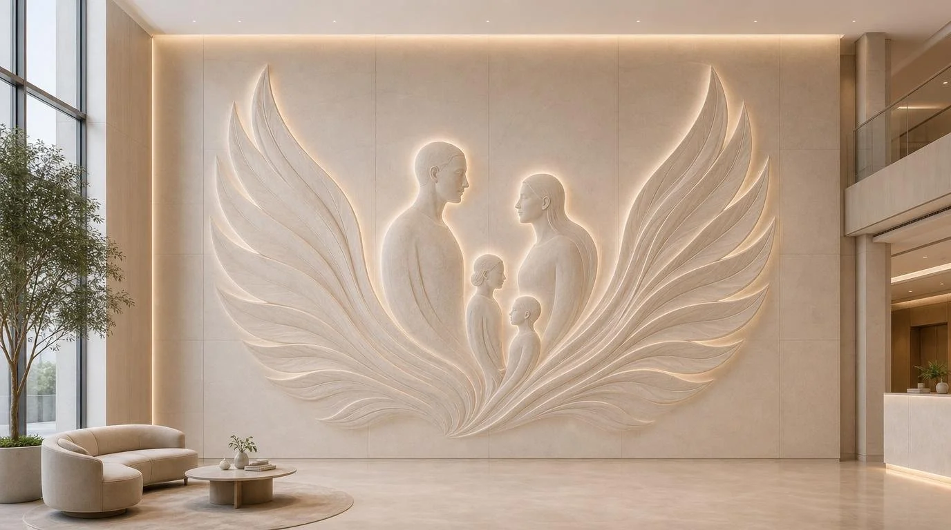 Abstract human forms with two wings wall sculpture in a hospital lobby