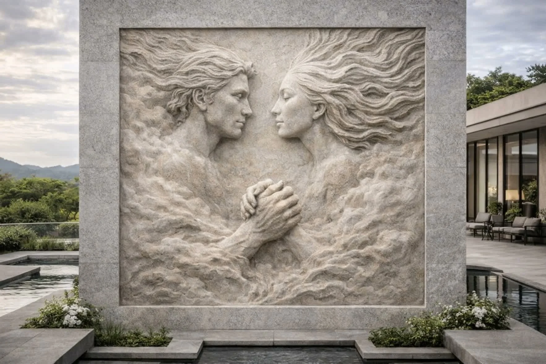 Exclusive monumental wall sculpture, carved stone, door-to door worldwide delivery. By Solaro Art Collection.